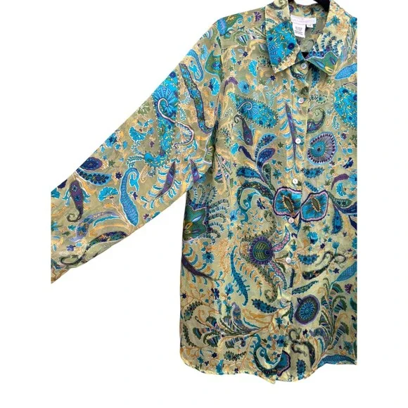 Soft Surroundings Green & Blue Floral Print Long Sleeve Button-Down Shirt Size L - Picture 11 of 16